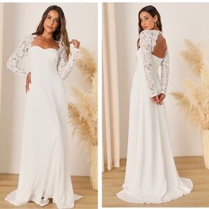 Lulus Promised Forever White Lace Long Sleeve Backless Maxi Dress Small